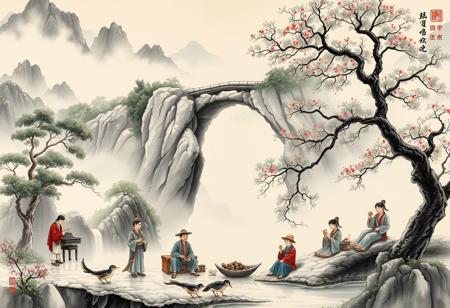 Create a profound Chinese landscape painting, showing the misty mountains, a natural stone bridge formed by huge rocks is like a fairyland. Below the stone bridge are lush trees and clear streams, and the whole picture is shrouded in light and misty clouds. In the center of the picture, the four sons of Nanzhou are painted, playing the piano, painting, brewing tea and reciting poems; an old servant stands respectfully, two boys are playing chess, and a leisurely woodcutter lies on the tree. All the characters are dressed in Tang Dynasty costumes, reflecting the characteristics of the times. The picture conveys a peaceful and peaceful atmosphere. People near the stone bridge are drinking tea and discussing, showing the elegance of literati. Dotted with natural elements such as flowers, birds, insects and fish, add vitality. Using traditional ink painting techniques, mainly freehand, using sparse and dense brushstrokes and elegant and soft colors, highlighting the fairyland feeling of smoke, showing the harmonious unity of man and nature, as well as the elegant life of traditional Chinese literati and their reverence for nature.
