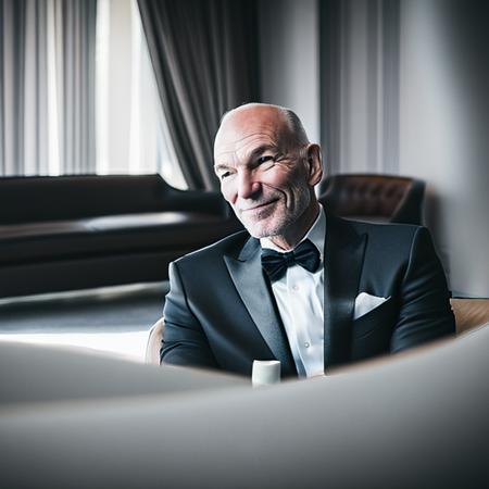 medium shot candid photograph (Patrick Stewart:0.8) sitting on a leather couch in a high end elegant hotel lobby with a fireplace in the background AnalogFilm768-Old-School pale (rendered:0.7) eyes pores