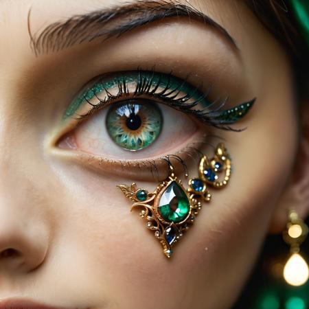 (close-up:1.4), dark green eye of a woman with intricate iris reflection, highly detailed iris, absurdres details, tear drop,  intricate golden jewelery ornementations, bokeh, shallow depth of field