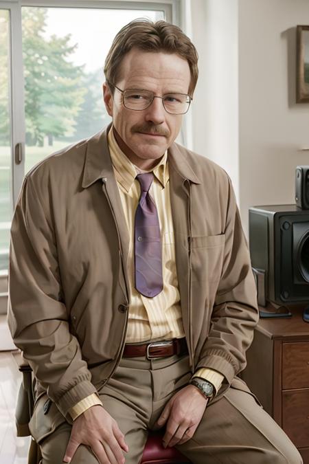 Portrait of Waltuh S1 <lora:Waltuh S1 V1:0.6>, glasses, middle aged man, suit and tie, sitting on a chair, dramatic, realistic, smile, high quality, 4k, film grain, indoors, tv show, Walter White