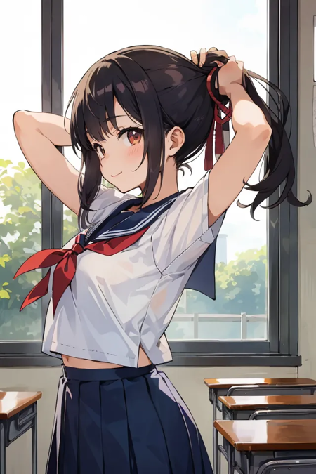 summer, 1girl in classroom, kawaii girl, 14 YO Japanese, hair pulled back, school uniform, arms up behind head, hair being styled or gathered up, looking at viewer, from side, light smile,