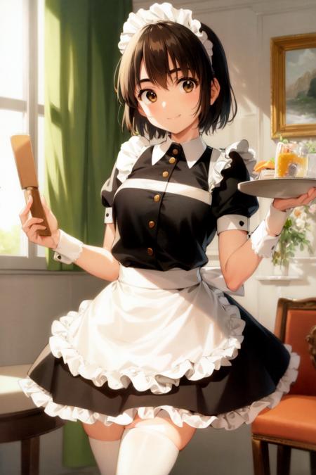 masterpiece, best quality, absurdres, perfect antomy, 1girl, solo, Ayase Fuuka, smile, maid, frills, skirt, apron, maid headdress