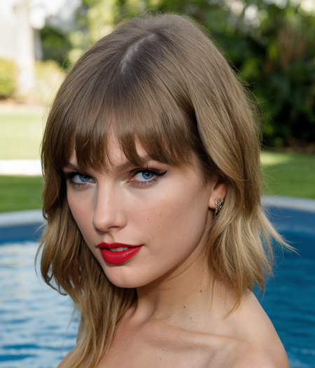 photography of taylorswift, <lora:mod4UP_ai-000098:0.6>  , blonde girl, red lipsticks, mascara, blue eyes, white skin, eyeliner, red lipstick, natural lighting, in a swimming pool, dutch-angle, Hail , Lime  Babydoll Cosy Pose