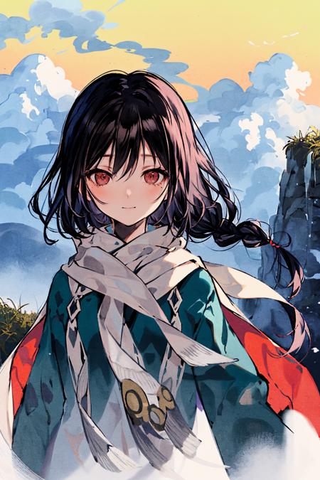 1girl, solo, looking at viewer, long hair, black hair, sunset, braid, sky, outdoors, yatadera narumi, upper body, twin braids, closed mouth, bangs, cloud, scarf, red eyes ,outdoors, scenery, day, sky, cloud, fantasy, dragon, castle, flying, floating island, landscape, grass, mountain, bird, cliff, waterfall, blue sky, wings 
///////////
///////////  <lora:Huya:1>,<lora:ç»ä¸½çåå½±:0.2><lora:adaptedmodel:0.35>