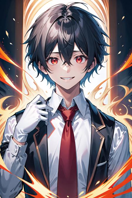 (best quality),((masterpiece)),(highres),original,extremely detailed 8K wallpaper,(an extremely delicate and beautiful),
anime,
\\,
1boy,red eyes,male focus,black hair,solo,smile,necktie,vampire,looking at viewer,gloves,grin,shirt,coat,glowing,glowing eyes,long hair,teeth,vest,white gloves,white shirt,red necktie,white background,long sleeves,formal,collared shirt,hair between eyes,