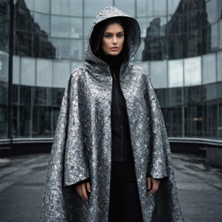 ((multiple views)), exquisite high fashion photography, showcasing a tech-noir, scifi fashion concept, segmented 'smart'-tech cloak, in various weather conditions ((multiple views)), demonstrating its automatic self-adjusting retractable capability. The cloak adapts to the environment, resizing itself without any loss of comfort or extra fabric: on a hot sunny summer's day, it appears shorter in length, while on a cold winter morning, it extends to provide warmth, and in the rain, a retractable hood. The material, composed of a hypothetical hyper-carbon lattice, features a highly reflective, graphite color and hydrophobic properties, making it feel almost slippery to the touch. The photographs highlight the cloak's versatility, showcasing its ability to automatically reorganize its structure to the wearer's needs, manipulating principles of topological quantum field theory, to compress its structural properties in accordance with whatever weather conditions are in effect.