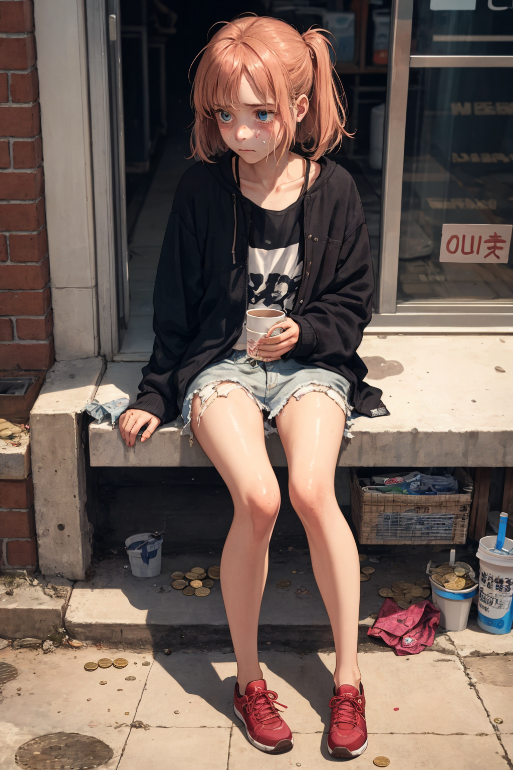 A young girl sits on the side of the street, her dirty clothes barely covering her thin frame. She holds out a small cup w...