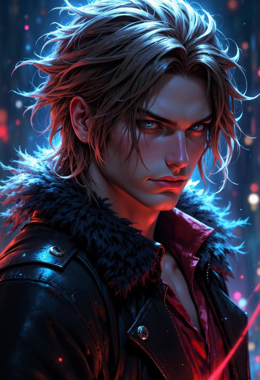 A close-up, semi-realistic digital illustration of Squall Leonhart, reimagined as a brooding vampire. He wears a black leather jacket with fur-trimmed edges, revealing a red silk shirt that clings to his frame, shimmering with subtle iridescence. His tousled brown hair falls over his intense blue-gray eyes, now glowing faintly with predatory hunger. Calm but deadly, his expression holds quiet menace, as if daring you closer. His parted lips reveal sharp fangs, hinting at danger beneath his stoic exterior. The background is a surreal twilight dreamscape—cool blues, silver fog, and streaks of crimson light swirl together like living clouds. Ethereal shards of ice and mist float around him, as beams of pale light break through the gloom, casting shadows across his sharp features. Glowing highlights reflect off his jacket, emphasizing his aura of quiet power and danger. The cinematic lighting evokes a painterly style inspired by Artgerm and WLOP, blending realism with ethereal fantasy. A soft bokeh effect enhances the mystical tone, with vibrant hues adding depth and atmosphere. (((Digital illustration))), close-up portrait, semi-realistic style, surreal twilight background, glowing iridescence, cinematic lighting BREAK ((best quality:1.6)), ((high details:1.5)), ((4K:1.5)), ((soft glows:1.3)), ((colorful surrealism:1.3)), ((ethereal atmosphere:1.3)).