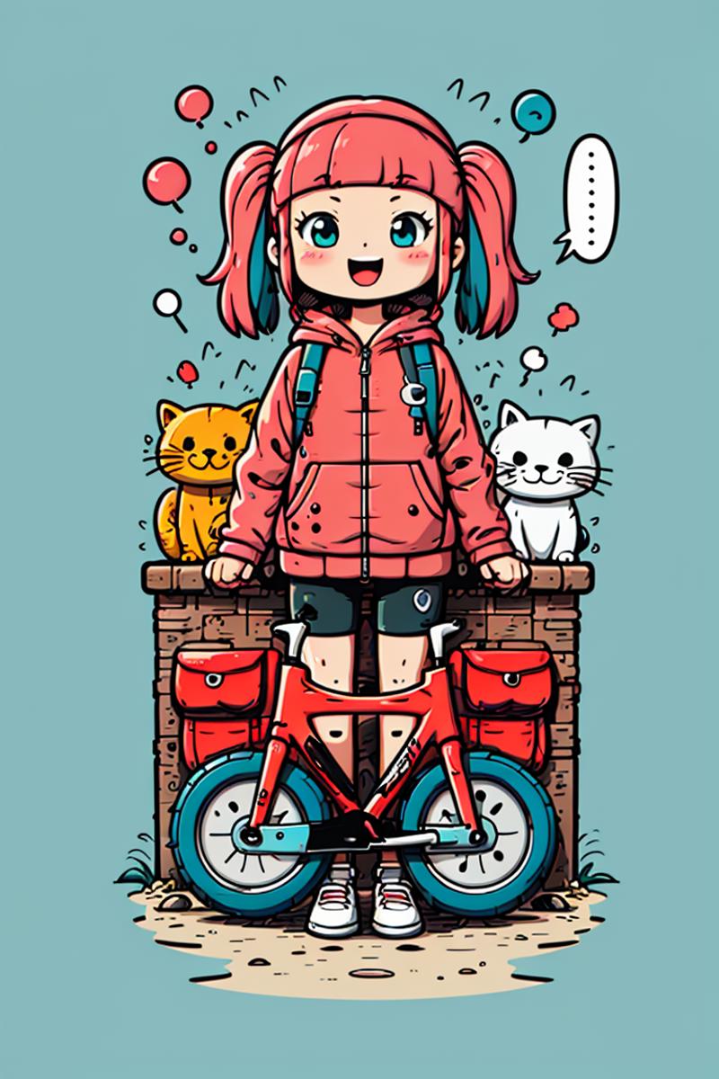 Cartoon of a girl with a bicycle and two cats.