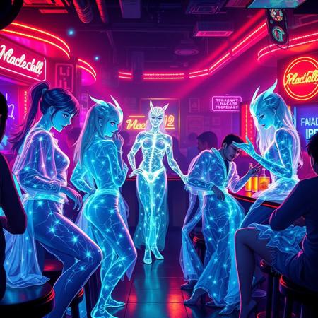 2025-04-10 23:25:32
Prompt
A vivid, cinematic strip club scene, illuminated by the pulsating neon lights that cast an ethereal glow on the bioluminescent patrons. In the center of this vibrant tableau, a stunning 32k masterpiece unfolds in a series of manga panels, each depicting a unique transformation sequence of five female Archaea and 1 Bioluminescence translucent male Kaiju. The females, with their translucent bodies revealing intricate bioluminescent veins, wear shimmering glass-like robes that seem to shatter and reassemble as they dance, each movement creating mesmerizing patterns of light. Sitting at the bar talking,
Negative Prompt
White skin, white people skin ton,
Model
Aitubo Waifu v2
Style
None
LoRA
SDXL Dragon Style
Image Dimension
832 x 1216
Seed
1491587265087659
Prompt Enhance
Off
Performance
Balance