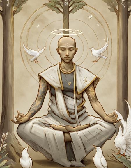 <lora:rtl1:1>rtl1 man, bald, meditation, white birds, tree, halo, symbols