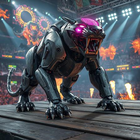 "A futuristic robot-like Advanced Crystal Beast Topaz Tiger, with a sleek gray metallic body, glowing pink head, and jet-black limbs, stands menacingly on a weathered wooden platform. Its sharp metallic teeth gleam under dramatic cinematic lighting, contrasting with the chaotic World Dino Wrestling arena backdrop—a vibrant mix of neon holograms, roaring dinosaur robots, and laser-lit crowds. Stylized with hyper-detailed textures: scratched armor, glowing circuit patterns on the pink head, and matte-black hydraulic joints. Rendered in Unreal Engine 5 realism, Octane Render gloss, and dynamic Dutch angle composition. Color palette: monochrome steel, electric pink highlights, and fiery orange explosions in the background. Inspired by Pacific Rim mecha designs and retro toy advertisements, with bold shadows, volumetric fog, and splatter-effect energy sparks. Trending on ArtStation, 8K HDR, golden ratio framing. The tiger’s pose exudes power: legs spread, claws extended, as if ready to pounce. Matte painting depth blends 3D CGI and comic-book ink outlines, emphasizing its role as a collectible toy centerpiece. Tags: sci-fi beast, high-contrast, mecha-wrestling, promotional key art."