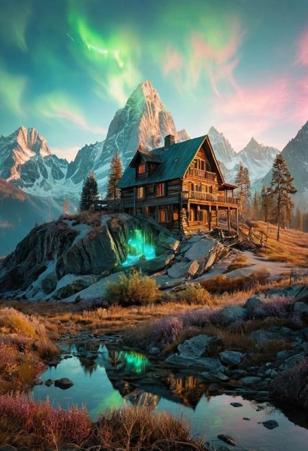 (by Ellen Jewett:1.5), ((Bioluminescent Impressionism: 1.8), The Dreamland), their peaks veiled in mist. mixed media, surrealism, great lighting, A surreal landscape highly detailed . extremely high-resolution details,  appears trapped in an optical illusion of reflections and refractions colorful , mountain cabin, ice and snow, professional photography, natural lighting, volumetric lighting maximalist. intricately detailed, complex, elegant, expansive, fantastical, film photography style,  medium grain,  <lora:MJ52:0.3>  <lora:SDXLFaeTastic2400:0.4>  <lora:EpicF4nta5yXL:0.7>.ethereal landscapes, depth of field, biotech emotion:1.3) <lora:xl_more_art-full_v1:0.5> <lora:add-detail-xl:1> <lora:RMSDXL_Creative:2>
