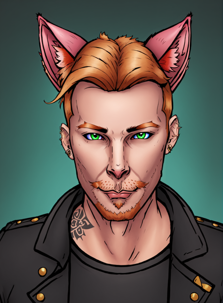 perfect face, ((solo, solo focus)), sidelighting, lustrous skin, (bloom), (shine), ray tracing, Odin Nathaniel Ellis, celtic osenayan catboy, age mid 30s, tattoos, faux hawk, strawberry blonde hair, attractive male, cat ears, animal ears, animal ear fluff, beard, american, stubble, slender, slightly nerdy, very dad like, full body, wide shot, 4 point perspective, vantage point, LUT like a movie