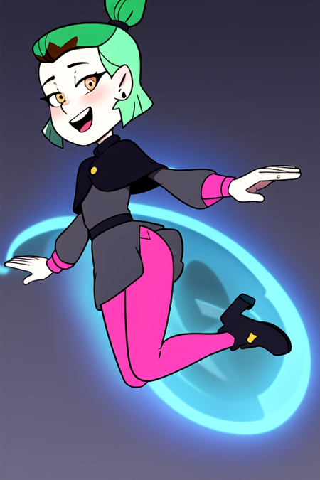 masterpiece, best quality, AmityS1, 1girl, solo, green hair, yellow eyes, short ponytail,  absurdres, earrings,  black capelet, grey dress, pink sleeves, long sleeves, blush, looking at viewer, pink legwear, jumping, night, night sky, open arms, open mouth, smile, black footwear,