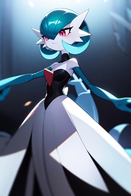 masterpiece, best_quality, 1girl, solo, gardevoir, pokemon \(creature\), blue hair, black dress<lora:gardevoir_v1:0.8>