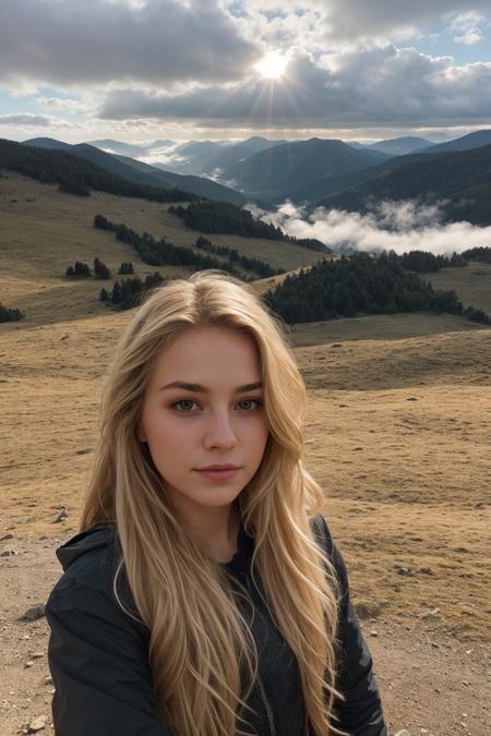 (8K, Breathtaking Selfie of a Beautiful Girl), look at camera, many details, foggy valley Background, sits high on the mountain, blonde hair, long hair, hair blowing in wind, crazy sky, rays of sunshine break through the clouds,   <lora:zoom_slider_v1:-0.2>, <lora:colorify:0.5>,