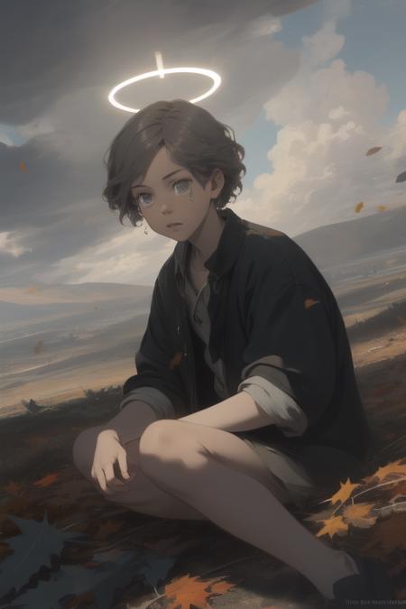 Sitting on a pile of fallen leaves. With his eyes fixed on the ground. A tear runs down her cheek. The sky is a mixture of cool blue-gray colors. A storm looms in the distance. A halo of light or illumination from the sky., Art

Art layer upon layer. Highres detailedly. Highres resolution. Highres Definitely. Depth of field. Wide viewing angles. HDR. Dynamic Contrast, 