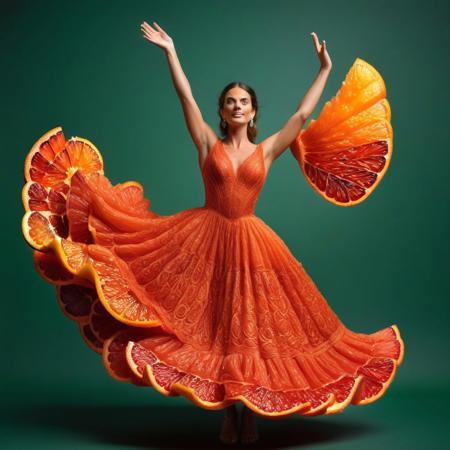 green background, photo shoot, arms up, posing, billowing dress, blood orange style dress,
intricate, detailed, high quality, colorful