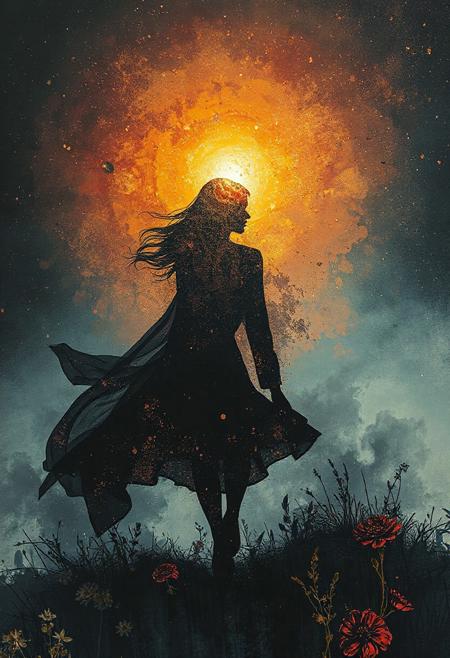Female silhouette walking in the Dreamscape, Double exposure effect of the silhouette, superimposed against night sky by Conrad Roset, Brandon Kidwell, Andreas Lie, Dan Mountford, Agnes Cecile, Jeremy Mann, ink splatter, oil and ink canvas, fine art, super dramatic light, photoillustration, amazing depth, hyperdetailed, iridescent gold, floral, night vs day.