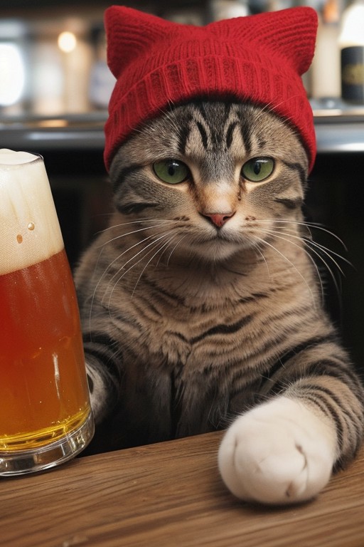 Beer-drinking Cat, Red Beer, Wearing beanie,