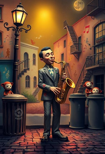 A jazz musician stands center stage beneath a glowing vintage streetlamp, surrounded by a dreamlike cityscape painted with surreal detail. His body is stylized and slightly elongated, with a smooth sculpted face that features closed eyes and a gentle smile, absorbed in the rhythm of his saxophone. His suit is decorated with mismatched textures and whimsical patches that resemble abstract creatures and symbols. The background is a wall of shifting murals—figures dancing mid-air, neon-colored notes taking flight, and staircases that lead nowhere. Nearby, stylized characters with mask-like faces and playful proportions peek from behind trash bins and balconies, blending into the visual rhythm. The air glows with soft yellows and purples, and the cobbled street is covered in chalk-like swirls and spirals. The scene breathes with musical movement, like an illustrated poem brought to life in sculpture and graffiti.