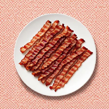 (masterpiece, best quality, very aesthetic, absurdres)  Pixel art of a delicious plate of crispy bacon, arranged neatly on a white dish. The bacon strips have rich, warm hues of red and brown, with detailed shading to emphasize texture and crispiness. The art style is reminiscent of classic 16-bit video games, using a limited yet vibrant color palette. The background is a simple checkered tablecloth or a retro diner countertop, complementing the nostalgic pixelated aesthetic. High-resolution pixel art, sharp details, and smooth dithering.