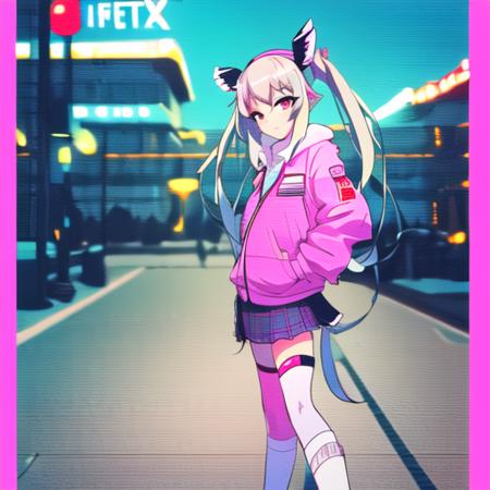 masterpiece, best quality, outdoors, 1girl, solo, vaporwave, looking at viewer, jacket, hands in pockets,  <lyco:vapor:.4>,  thighhighs, scanlines, bandage, twintail