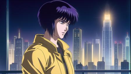 kusanagi motoko, yellow jacket,   looking of camera and city in background <lora:GhostInTheShell:0.7>