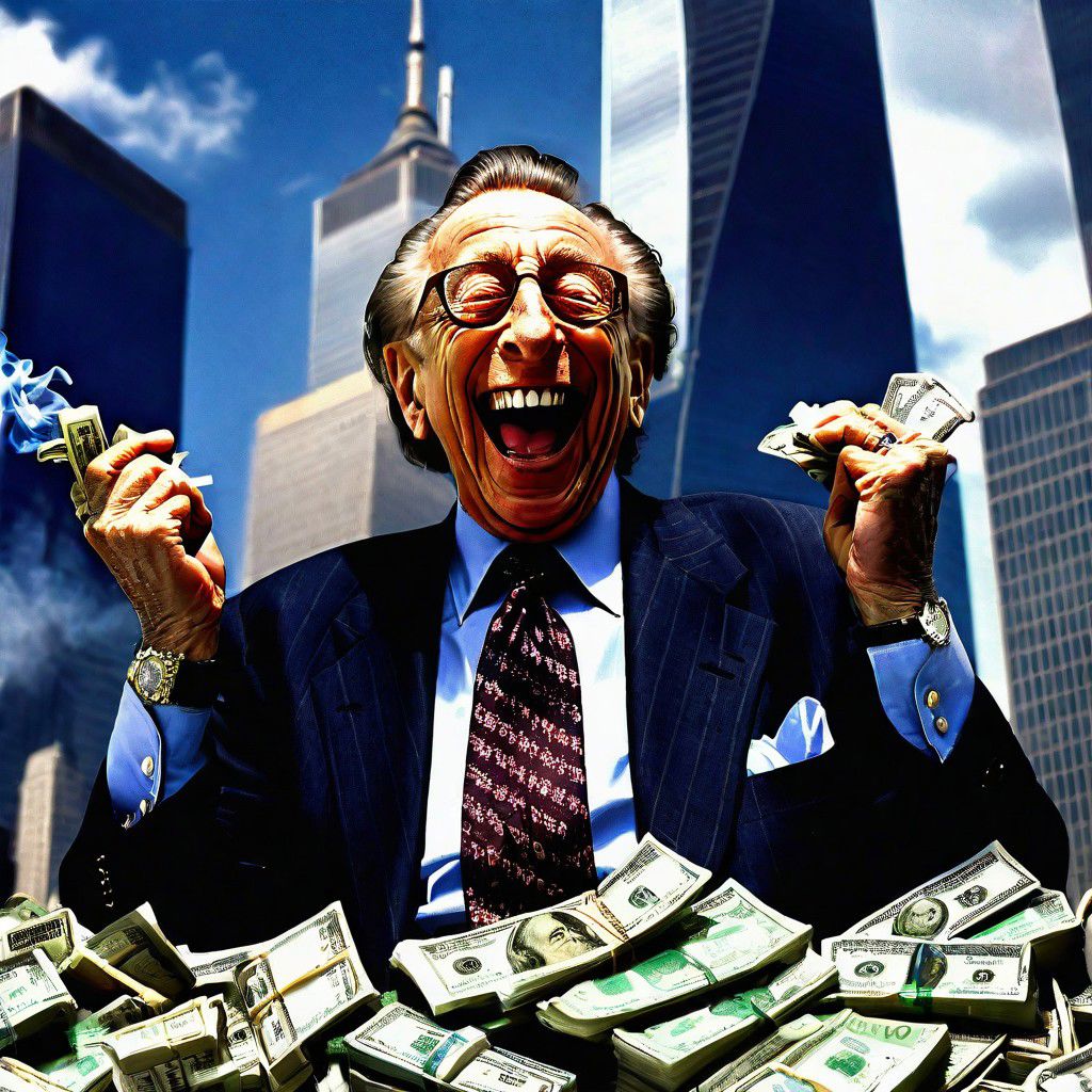 Larry Silverstein laughing in a pile of money in front of a smoking World Trade Center
