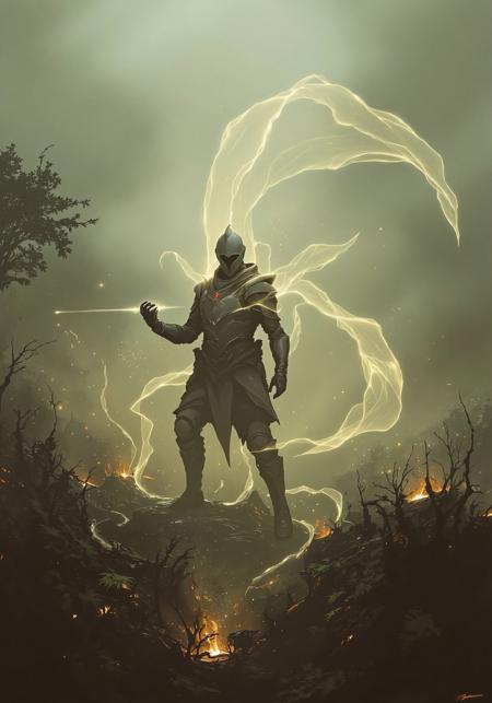 Art by Alejandro Burdisio
roger-style, a ultra-detailed vintage-style head Closeup photograph of a Sephirot knight in a translucent, holographic form, standing in a dynamic fighting stance. The knight's figure shifts between near transparency and full density, glowing with an ethereal, neon-futuristic light in hues of pale yellow and faint green. Its billowing cape seems to dissolve into the air, creating an overblended effect that emphasizes its surreal, otherworldly nature. The environment is bathed in a hazy, neon-futuristic atmosphere, with volumetric lighting casting fragmented, refracted beams that dance across the knight’s semi-transparent form. The interplay of light and shadow gives the scene a painterly yet vintage photographic quality, blending soft, overexposed highlights with rich, glowing details. A muted, futuristic background with subtle geometric patterns completes the cinematic, retro-futuristic masterpiece.



