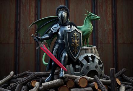 A regal steampunk knight in black armor, wielding a red sword and shield, stands on a pile of logs. A plumed helmet adorns his head. Behind him, a green dragon perches on a rock, wings spread, poised for flight. The backdrop is a rusted industrial metal wall. Cinematic lighting, 4K, ultra detailed, Octane Render, Unreal Engine 5, Matte Painting, trending on Artstation, Golden Ratio.