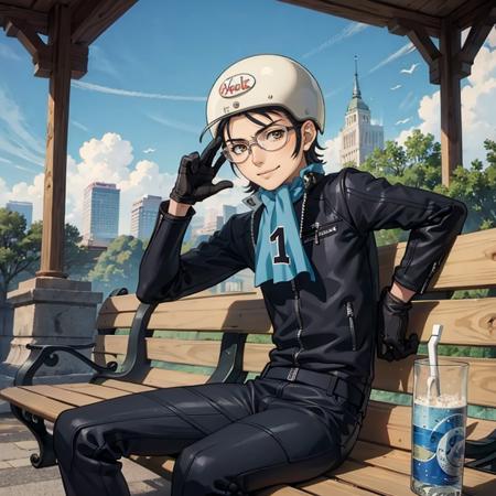 masterpiece, best qaulity, 1boy, solo, looking at viewer, smile,  <lora:Nanjo:1>, nanjop2, bikesuit, blue ascot, glasses, sitting, bench, park, gloves, helmet, adjusting glasses