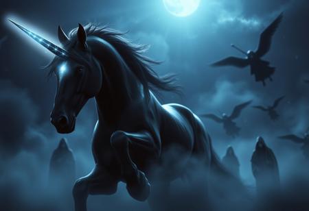 cinematic, a black unicorn with shining white light emanating from its horn, the light shines on the enemy, dark flying robes figures in the night sky,