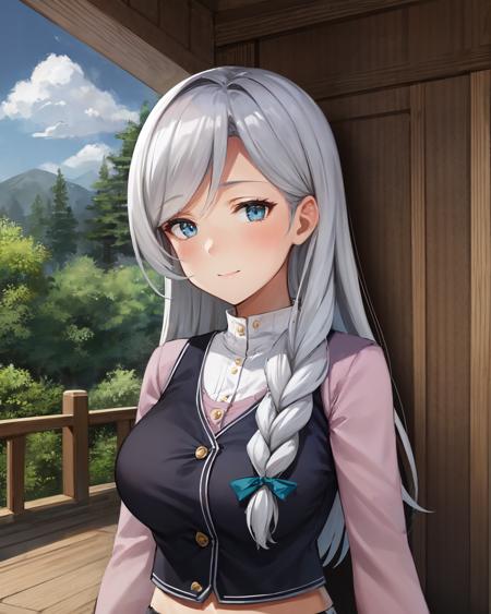 best quality, (masterpiece:1.2), illustration, absurdres, 
(1girl), (solo), (beautiful detailed girl), (upper body, portrait),
<lora:Diana-000008:0.8>,  Diana, long hair, grey hair, single braid, hair over one shoulder, hair ribbon, blue eyes, large breasts, 
black vest, pink shirt, pink sleeves, brown skirt, long skirt, pumps,
gentle smile, LOOKING AT VIEWER,
park, sky, clouds, trees, outside japanese school,