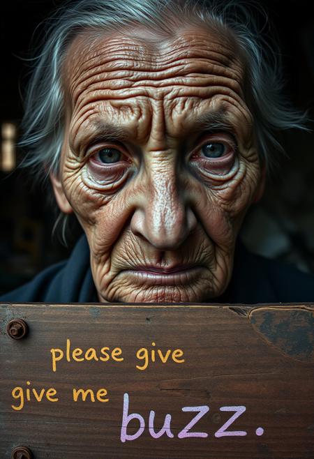 An elderly woman with deeply wrinkled, weathered skin is captured in a close-up using a 50mm Panavision Prime lens, showing every detail of her face. Dramatic lighting casts heavy shadows across her features, emphasizing her sorrow and exhaustion. Her eyes, filled with suffering, reflect the harshness of her life. The background is softly blurred, hinting at a slum with crumbling walls and scattered debris. At the lower part of the image, a cracked wooden panel with rusted nails holds the words ‘please give me buzz.’ The writing is in a pastel color with a crackled font, adding to the gritty, distressed atmosphere, contrasting with the deep emotional weight of the scene