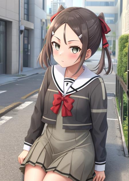 ((Street in the middle of a modern city,detailed background,beautiful background)),<lora:Miyoshi_Karin-10:1>,Miyoshi_Karin, 1girl, solo,brown hair, hair ornament, long sleeves,dress, bow, ribbon, twintails, school uniform, hair ribbon, hair bow, shoes, socks, hairclip, bowtie, black footwear, red bow, grey eyes, kneehighs, loafers, sailor dress, pleated dress, grey dress,white socks,upper body