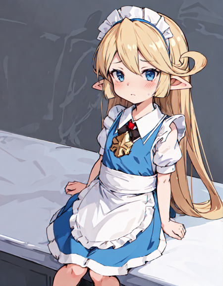 masterpiece, best quality, absurdres, charlotta, 1girl, solo, blush, flat chest,
maid, maid headdress, maid apron, 
slouching,
simple background,