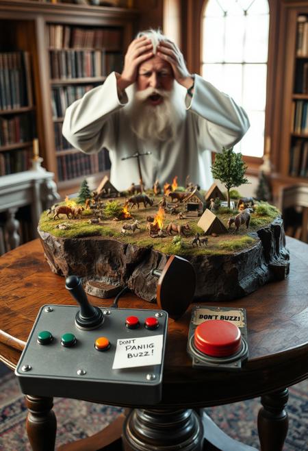highly detailed photo, depth of field and superb lighting. an old reading room with an old round oak table with a large piece of real world landscape contained on top of it. On the landscape roams various real animals and humans on it. The miniature people appear to be in the stone age, with a few tents and a fireplace with a stream of smoke on the side. All the tents are burning, the people are on fire and animals running around. Huge chaos on the landscape. behind the table, heavily out of focus, stands a screaming man with a white robe, white hair and a large white beard. Next to the landscape in front of the man is a metal controller board with a couple of smaller coloured buttons with different weather symbols (rain, snow, lightning) , a computer joystick, and a large red round panic-button with a taped note saying: "DON'T BUZZ!". The man is holding his arms to his head and looks shocked