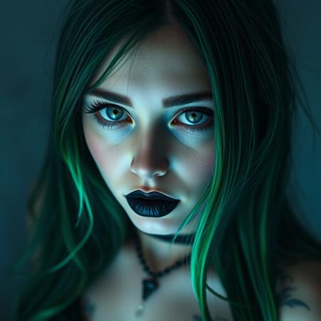 A 20-year-old woman with gothic makeup. Long silky neon green hair, big blue eyes with thin eyebrows, black lips, small upturned nose. She is the image of a seductive gothic succubus. She exudes a bewitching aura. Ultra-detailed facial details, innocent and playful, soft light glowing, soft incandescent. Staring into the distance. Grey and blue tones, misty atmosphere. Sexy and seductive playful, sexy emo outfit, revealing breasts and some neck and chest tattoos. Her detailed face surrounded by disheveled hair radiates innocence and beauty. Cinematic composition, contrast of light and shadow, adorable bold and detailed face, realistic and fantastical woman, ((full body shot of an attractive woman, view from above, large breasts, deep cleavage, sideboob, very sexy)), Detailed facial texture, ultra-detailed eye and hair details, 8K+ high resolution photos are all showcased.
