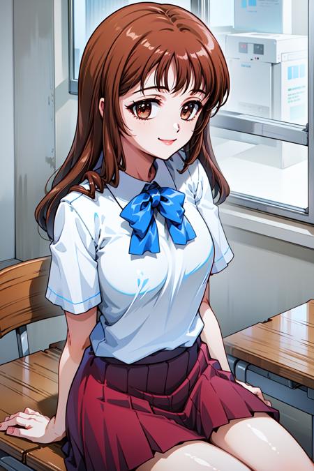 1girl, cowboy shot, classroom, smile, sitting, 
sendou_asuka, brown eyes, brown hair, long hair, school uniform, short sleeves, red skirt, <lora:sendou_asuka_lora_ver1:0.7>, best quality, masterpiece, highres, <lora:GoodHands-vanilla:1>