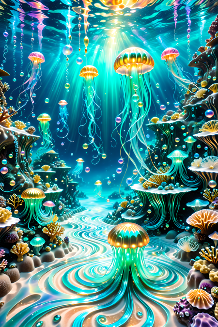 A surreal underwater realm where coral castles drip with glowing pearlescent syrup,jellyfish float like silk lanterns above a pearly sand floor,and luminous mermaids paint ocean currents with swirling trails of light and flowing pigments,magical realism,photoreal style,intricate lighting,
a jellyfish  made of l1qu1dp34rl,swimming in the ocean,psychedelic patterned,detailed and intricate pearlescent gold,underwater cavern,rocky outcrops,seaweed,spongebob,detailed and intricate patterns,harmonious palette,a magical and harmonious under water world,
pearlescent,flowing through bioluminescent coral reefs,iridescent bubbles rising in turquoise water,hyper-realistic translucency,pearlescent,
Masterpiece,best quality,hi res,8k,hi res,8k,award winning,(sharp focus, intricate, highly detailed),<lora:SDXLFaeTastic2400:0.4>,<lora:liquidpearlXL_r1:1>,<lora:TrendCraft_The_Peoples_Style_Detailer-v2.1A-3_12_2025-SDXL:0.8>