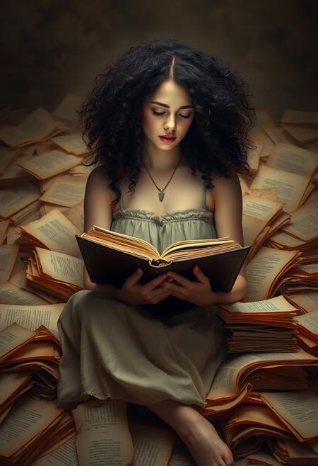 mythp0rt,Midjourney_Whisper, A young woman with porcelain skin and voluminous, raven-hued curls sits serenely amidst a sea of antique parchment, engrossed in a leather-bound tome. Her pose, reminiscent of classical portraiture, is one of quiet contemplation, bathed in the lambent glow of an unseen celestial body. Capture the scene from a slightly elevated perspective, emphasizing the sheer volume of aged paper surrounding her, each sheet imbued with its own untold narrative. The color palette should evoke a sense of nostalgic melancholy, with muted ochres, sepia tones, and the ethereal luminescence of timeworn paper. Focus on conveying the tangible weight of history and knowledge enveloping her, hinting at the boundless worlds contained within both the written word and the depths of her own imagination.