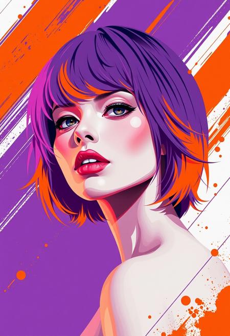 Semirealistic futuristic looking woman with purple and orange hair in the style of tom whalen, flat colors, purple orange and white broad strips paint in the background, outrun paint splotches
