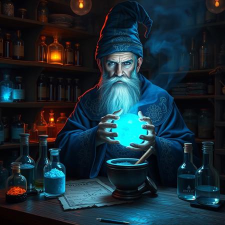 hi resolution, photorealistic digital artwork depicting an elderly wizard in a dimly lit, cluttered alchemist's workshop. The wizard, with a long white beard and stern expression, wears a blue robe adorned with intricate gold patterns and a matching pointed hat. His skin is light, and his eyes are intense, focused on a glowing blue potion he holds in a glass orb. The workshop is filled with shelves of various bottles and jars, some containing glowing substances. On the wooden table in front of him are more bottles, a mortar and pestle with a glowing blue substance, and a parchment with alchemical symbols. The overall atmosphere is mystical and magical, with a blue ethereal light illuminating the scene.