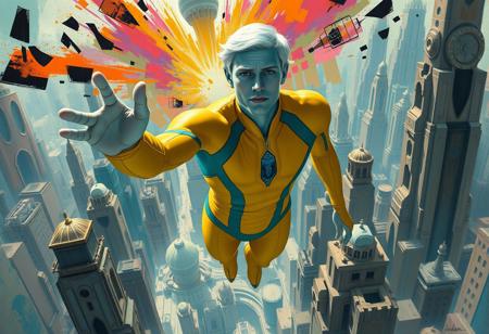 1boy, blue skinned, silver metallic short hair,  aged 30 (full body, facing camera, from below). Futuristic fashion, a golden yellow and teal  high tech bodysuit ,  it is form fitting with an open face design. the man has pale blue skin and is muscular and has an athletic  form , the hero is flying above a futuristic alien city that is very idyllic and made of numerous organic shaped buildings ,, the city behind him exploding into fractured shapes and vibrant brushstrokes. cinematic realism, modernist abstraction, vintage fashion, expressive color palette, fragmented composition, narrative surrealism, romantic noir, bold geometric forms, rhythmic patterns, textured brushwork, dreamlike tension, symbolic elements, 20th-century elegance, surreal backgrounds, abstract expression, stylized figures, visual dynamism, painterly contrast, emotional ambiguity, narrative experimentation