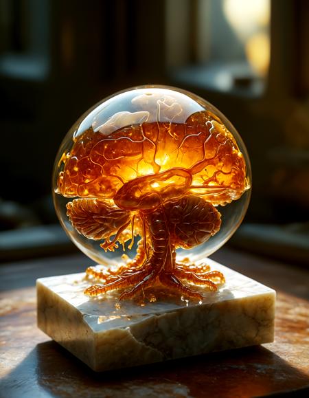 improved cinematic photo, 35mm photograph, film, professional, 4k, highly detailed, An amber fragment enclosing a Human Brain, The amber fragment is a smooth, slightly irregular sphere, roughly the size of a marble, with a warm golden-brown hue. Its surface is polished, gleaming softly under light, revealing a mesmerizing play of golden, honey, and orange tones. Tiny air bubbles and organic inclusions are scattered throughout, lending it a sense of antiquity and natural complexity. Inside, a perfectly preserved Human Brain lies suspended in time, its delicate body encased in the translucent amber. Around the Human Brain, subtle striations and minute organic fragments, possibly plant material or dust, create a vignette that frames the insect. The amberâs clarity varies in places, with some sections slightly cloudy, further accentuating the Human Brain as the focal point. The fragment feels timeless, a tiny time capsule offering a glimpse into a prehistoric world millions of years ago <lora:add-detail-xl:1.0><lora:aidmaMidjourneyV6.1-v0.1:0.9><lora:SDXLFaeTastic2400:0.8>