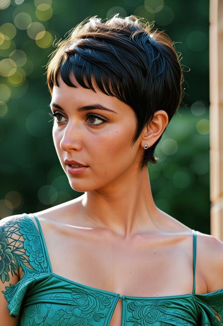 analogue portrait photo clear focus, high resolution image, of a beautiful 25 years Beautiful Greek woman, olive skin, dark hair, <lora:Aphrodite_SDXL_V2:0.8> , wearing Dreamcatcher Tattoo, (cute pixie cut hairstyle:1.6),,high quality, film grain, Fujifilm XT3, 8k uhd, dslr, film grain, kodak tri-x 400 film, grain photo DOF, faint lighting, dynamic angle, cinematic, Depth of field, bokeh, best quality, cinematic, light particles, highly_detailed, very_aesthetic, golden hour, beautiful_and_aesthetic ,Sexy pose, erotic pose, exhibitionism ,medieval courtyard