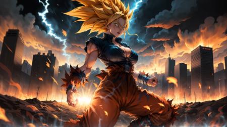 A young woman with short blue hair and a determined expression, wearing a red and black Super Saiyan outfit, charging forward with electric energy emanating from her hands and feet. The background should be a dramatic and apocalyptic cityscape, with fiery buildings and dark clouds. The overall style should be highly detailed, realistic, and gritty, with a fine art touch. (masterpiece:1.2), (distinct:1.1), (highres:1.2), (high_quality:1.1), (finely_detailed:1.2), ((teengirl:1.0), (large_breasts:0.8)), (solo:1.2), (Super Saiyan:1.1), (HDR:1.2), (iso 1000:1.1)  <lora:드래곤볼:0.8>