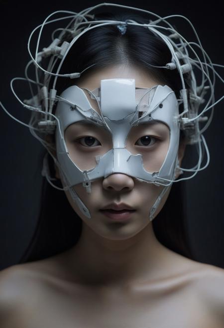 An Asian woman wears a fractured porcelain mask with exposed wires and technological elements underneath, captured as a haunting photograph using a close-up shot, under the dim, focused light of an interior space, emphasizing the blend of fragility and technology and the sense of concealed emotions.